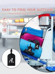 个性化皮革行李牌，可定制A-Z字母，隐私保护套，带名片槽，可爱旅行背包标签，男女通用，适用于宠物包、背包、行李箱、文具包等，旅行必备，适合海滩度假、返校季，是送给家人、朋友和老师的理想礼物，字母印花 - 黑色 - 查看 8