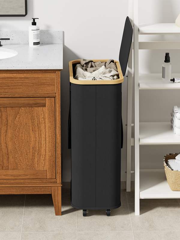 60L/100L Wheeled Bamboo Laundry Basket With Cover - Includes Laundry Bag, Foldable Dirty Clothes Basket With Handle, Extra Large Capacity Dirty Clothes Hamper, Foldable Fabric Laundry Basket, Home Laundry Storage Bin