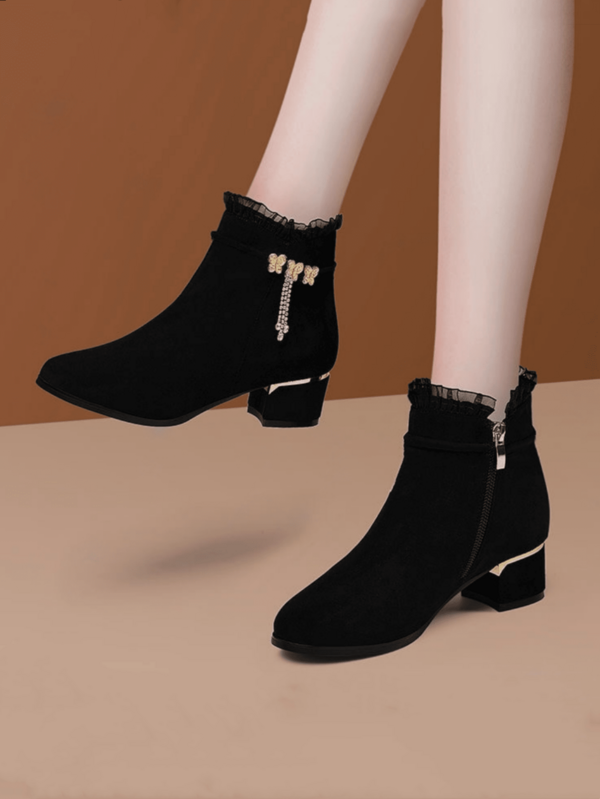 Women's Autumn/Winter Fashion Warm Ankle Boots, Rhinestone Tassel Decor Comfortable Chunky Heel Booties, Elegant Lace Floral Butterfly Metal Accent High Heel Boots, Fashionable Side Zipper Design High Heels Suitable For Daily Wear