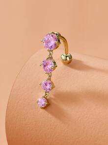 1pc Copper-Toned Micro-Inlaid Zirconia Stone Navel Ring, 316 Stainless Steel Shaft, Reverse Wear Belly Button Jewelry, Creative Body Piercing Accessory For Daily Wear - Silver - View 6