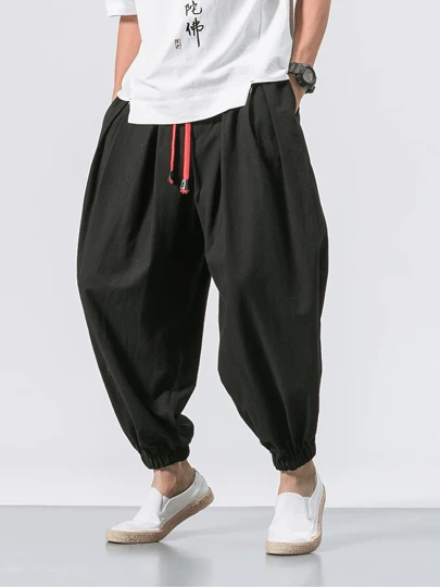 Men's Loose Linen Lantern Pants, Casual Wide Leg Harem Cropped Trousers, Lightweight Breathable Linen Pants, Suitable For Spring And Autumn