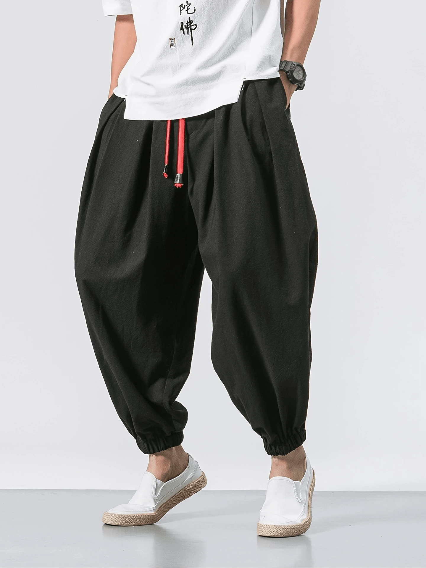New Men's Japanese & Korean Style Linen Lantern Pants, Loose Linen Drawstring Ankle-Length Pants, Plus Size Wide Leg Harem Cropped Pants, Fall