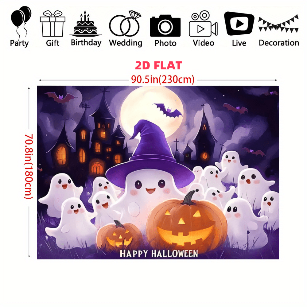 1 miếng, Vải nền bí ngô ma Halloween dễ thương làm từ vải polyester. Nền có hình ảnh ma đội mũ phù thủy, đèn lồng Jack-O'-Lantern, ngôi nhà ma ám, dơi và dòng chữ "Happy Halloween". Thích hợp trang trí tiệc Halloween, hoạt động chủ đề thiếu nhi, chụp ảnh trong nhà, trang trí tường nhà và tổ chức sự kiện lớp học. - Nhiều màu - Xem 8