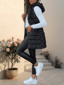 Women's Long Solid Color Sleeveless Hooded Winter Puffer Vest Outerwear - màu đen - Xem 3