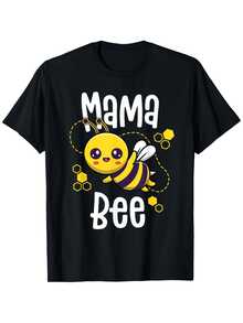 Mama Bee Pattern T-Shirt - Men's And Women's Soft Cotton Round Neck T-Shirt, Black, Cute Cartoon Bee Design, Casual And Comfortable, Perfect For Family Activities And Casual Wear, Bee T-Shirt - màu đen - Xem 1
