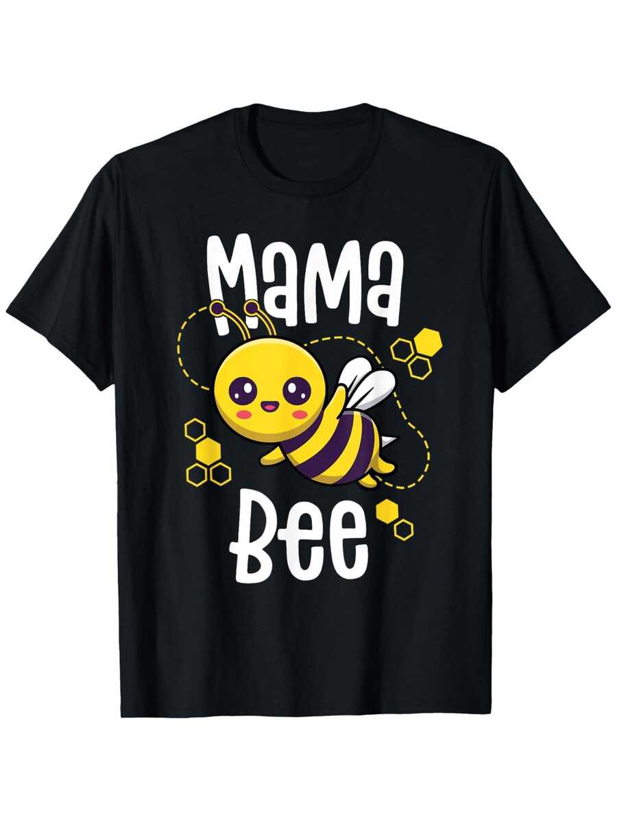 Mama Bee Pattern T-Shirt - Men's And Women's Soft Cotton Round Neck T-Shirt, Black, Cute Cartoon Bee Design, Casual And Comfortable, Perfect For Family Activities And Casual Wear, Bee T-Shirt - màu đen - Xem 1