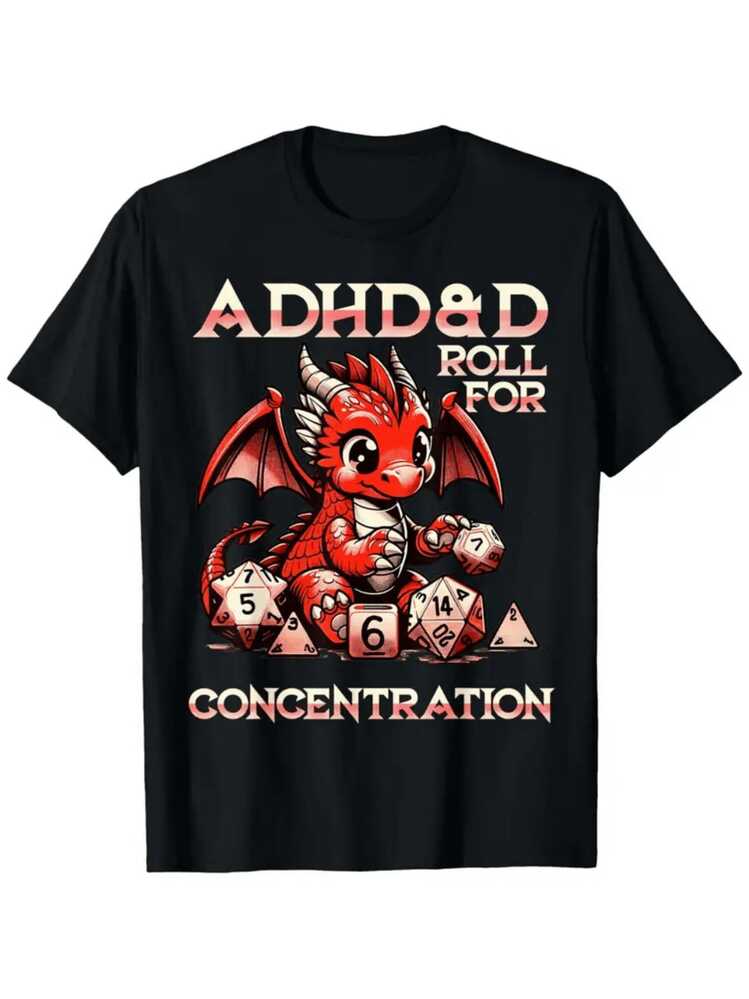 ADHD&D Dragon Gamer 220g Digital Printed T Shirt 1pcs Casual Men's Tee 100% Cotton Roll For Concentration Graphic Tee - 黑色 - 查看 1