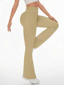 1 pieza de Pantalones casuales tipo leggings de cintura alta, pantalones deportivos de verano de pierna ancha para yoga, running y entrenamiento, con pernera acampanada, cintura elástica y elásticos, pantalones de trabajo elásticos - Caqui - Ver 7