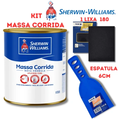 Massa Corrida Sherwin Willians 900ml Branca Kit 1 Lixa D'AGUA 180 1 Espátula Plástica6CM Uso Interno