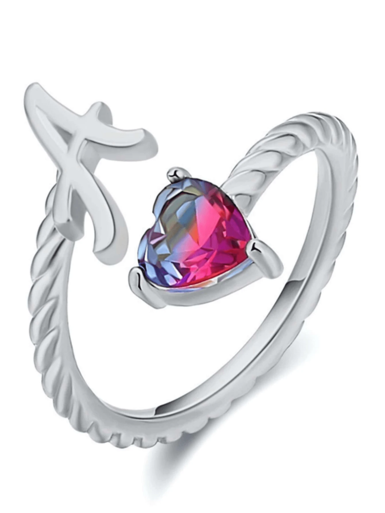 1pc Silver-Tone Emerald Stone Inlaid Initial Ring - Silver - View 1