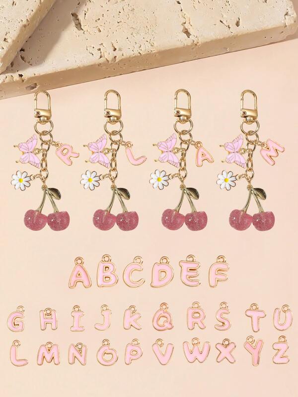 包袋饰物、樱桃吊坠 26 个字母 (A-Z) 钥匙扣、钱包饰物、1 件男女通用红色樱桃形钥匙扣，配时尚蝴蝶结吊坠、奢华手提包配饰万圣节情人节情人节、1 件樱桃形水晶吊坠、新款大樱桃吊坠带钥匙扣夹、闪亮树脂和金属樱桃饰物钥匙圈，适用于女士钱包和包包情人节