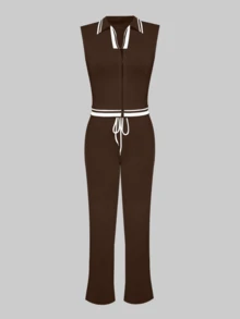 LovelyWholesale Bộ đồ nữ thường ngày kẻ sọc gồm áo khoác có khóa kéo và quần ống rộng có dây rút, trang phục mùa xuân. - màu nâu - Xem 6