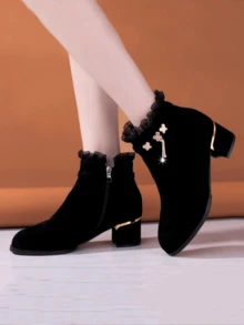 Women's Autumn/Winter Fashion Warm Ankle Boots, Rhinestone Tassel Decor Comfortable Chunky Heel Booties, Elegant Lace Floral Butterfly Metal Accent High Heel Boots, Fashionable Side Zipper Design High Heels Suitable For Daily Wear - Black - View 4