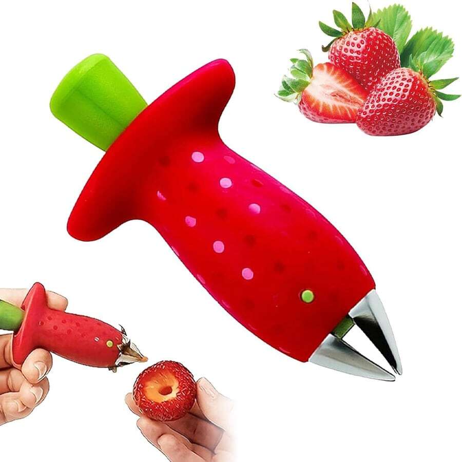 1/2个不锈钢草莓去核器 - 一款易于使用的厨房小工具，可轻松去除草莓茎，减少浪费，确保食品安全，并且无需用电。水果去核器 | 人体工学手柄 | 厨房小工具