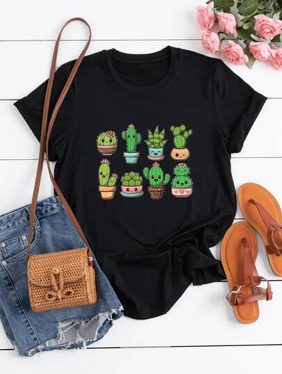 1 pièce T-shirt en coton 100% à col rond, manches courtes, style bohème, avec imprimé graphique mignon de cactus, 220g, pour femmes, style décontracté d'été