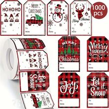 200/500/1000pcs Christmas Gift Tags, Festive Paper Labels With Red Plaid Design, Ho Ho Ho, Joy, Merry Christmas & Let It Snow Messages, Mixed Colors, For Gift Wrapping, Perfect For Holiday Decorations