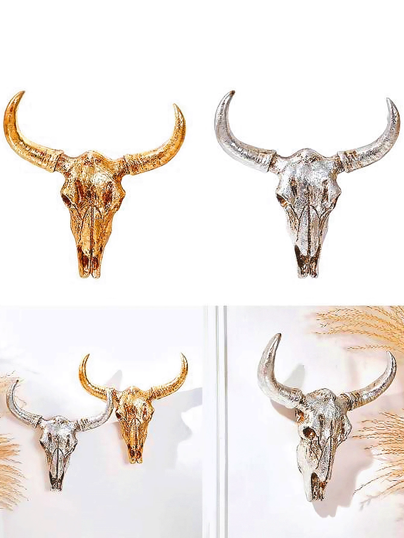 1 pieza Decoración de pared de cráneo de animal de cultura vikinga de resina, superficie de lámina de oro y plata, escultura para estantes, decoración del hogar, bar, restaurante y fiesta