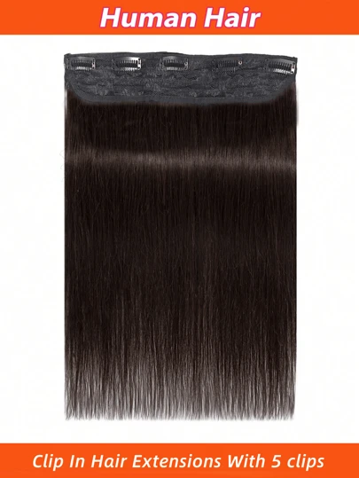 直发夹式真人发片，5 个夹子一体式巴西雷米真人发片深棕色 2# 颜色接发