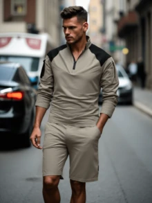 1 pieza Traje de rana con múltiples bolsillos para hombre, sudadera con cremallera de retazos para deportes al aire libre, pesca con cuello alto, parte superior con diseño de retazos destacado - Caqui - Ver 1