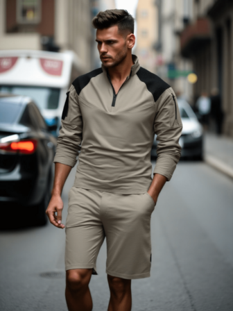 男士多口袋蛙式连体衣，拼接拉链户外运动，钓鱼功能性连帽立领上衣，特色拼接上衣