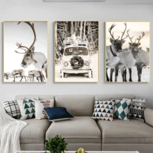 3PCS Winter Christmas Snow Deer Cart Landscape Decoration Hanging Painting Suitable For Living Room, Bedroom, Wall Decoration Painting Nordic Style Canvas Painting Frameless