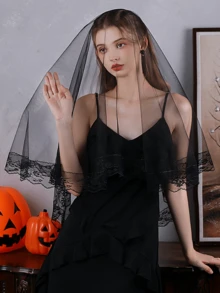 Black Lace Edged Double Layer Short Veil Headpiece, Bridal Headpiece For Photoshoot, High-End Feeling, Suitable For All Seasons