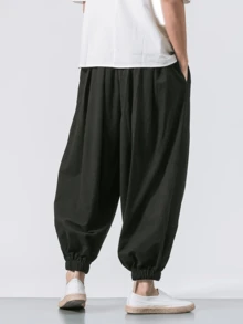 New Men's Japanese & Korean Style Linen Lantern Pants, Loose Linen Drawstring Ankle-Length Pants, Plus Size Wide Leg Harem Cropped Pants, Fall