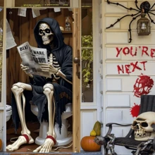 1 pièce Bannière de fond avec crâne 2D plat et motif journal, convient pour la décoration de fête d'Halloween, de jardin, de maison, de studio photo, d'anniversaire, de chambre, de cour, en tissu de polyester