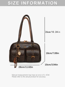 Women's Retro Solid Color Pu Leather Shoulder Bag With Multiple Pockets Large Capacity Comes With A Detachable Accessory Charm, Vintage Bag For Women - Cà phê nâu - Xem 4