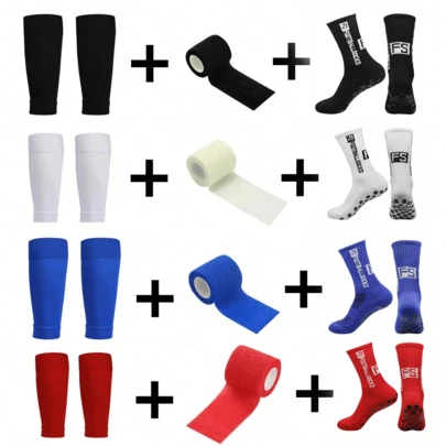 Paquete de combinación de 3 piezas de accesorios de fútbol, que incluye 1 par de cubiertas deportivas para las piernas, 1 par de calcetines de entrenamiento FS y 1 vendaje, adecuado para varios deportes como baloncesto y fútbol, protección deportiva, calcetines de caída