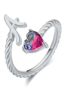 1pc Silver-Tone Emerald Stone Inlaid Initial Ring - Silver - View 5