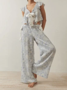 Women's 2 Piece Floral Pajamas Sets Tie Front Fly Sleeves Crop Tops And Elastic Waist Wide Leg Pants Sets Lounge Outfits Sleepwear Homewear - 藍色 - 查看 6