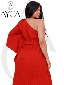 Mulamanca Long Dress With Pleated One-Shoulder With Padded Bra And Bow On Shoulder And Waist - 亮橙色 - 查看 1