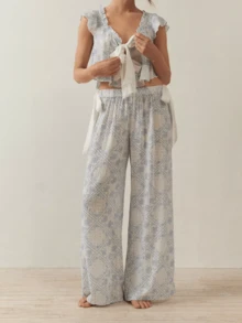 Women's 2 Piece Floral Pajamas Sets Tie Front Fly Sleeves Crop Tops And Elastic Waist Wide Leg Pants Sets Lounge Outfits Sleepwear Homewear - 藍色 - 查看 5