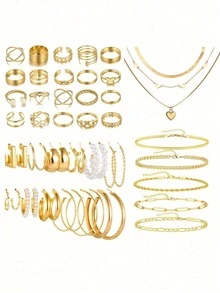 37-68pcs Elegant Vintage Butterfly, Heart, Faux Pearl, Twist Knot, Star, Moon, Rhinestone, Wide Band, Snake Chain, Braid Chain, Geometric C-Shape Earrings, Necklaces, Rings, Bracelets Jewelry Set, Suitable For Holidays, Parties, Daily Wear, Holiday Gifts - Multicolor - View 4