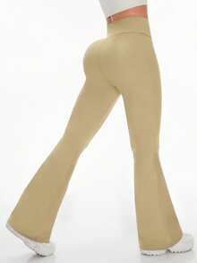 1 pieza de Pantalones casuales tipo leggings de cintura alta, pantalones deportivos de verano de pierna ancha para yoga, running y entrenamiento, con pernera acampanada, cintura elástica y elásticos, pantalones de trabajo elásticos - Caqui - Ver 6