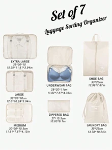 7 Piece Luggage Organizer Set, Travel Packing Cubes With Laundry Bag, Compression Shoe Bags, Clothes & Underwear Storage Bags, Unisex Design - Beige - View 5