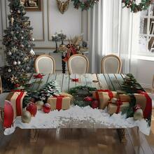 1pc Rectangular Tablecloth, Perfect For Christmas Atmosphere! Vintage Wood Grain & Snowy Landscape Pattern With Holiday Elements, Suitable For Holiday Gatherings, Daily Home, Living Room, Dining Room, Outdoor Picnics, And Theme Events