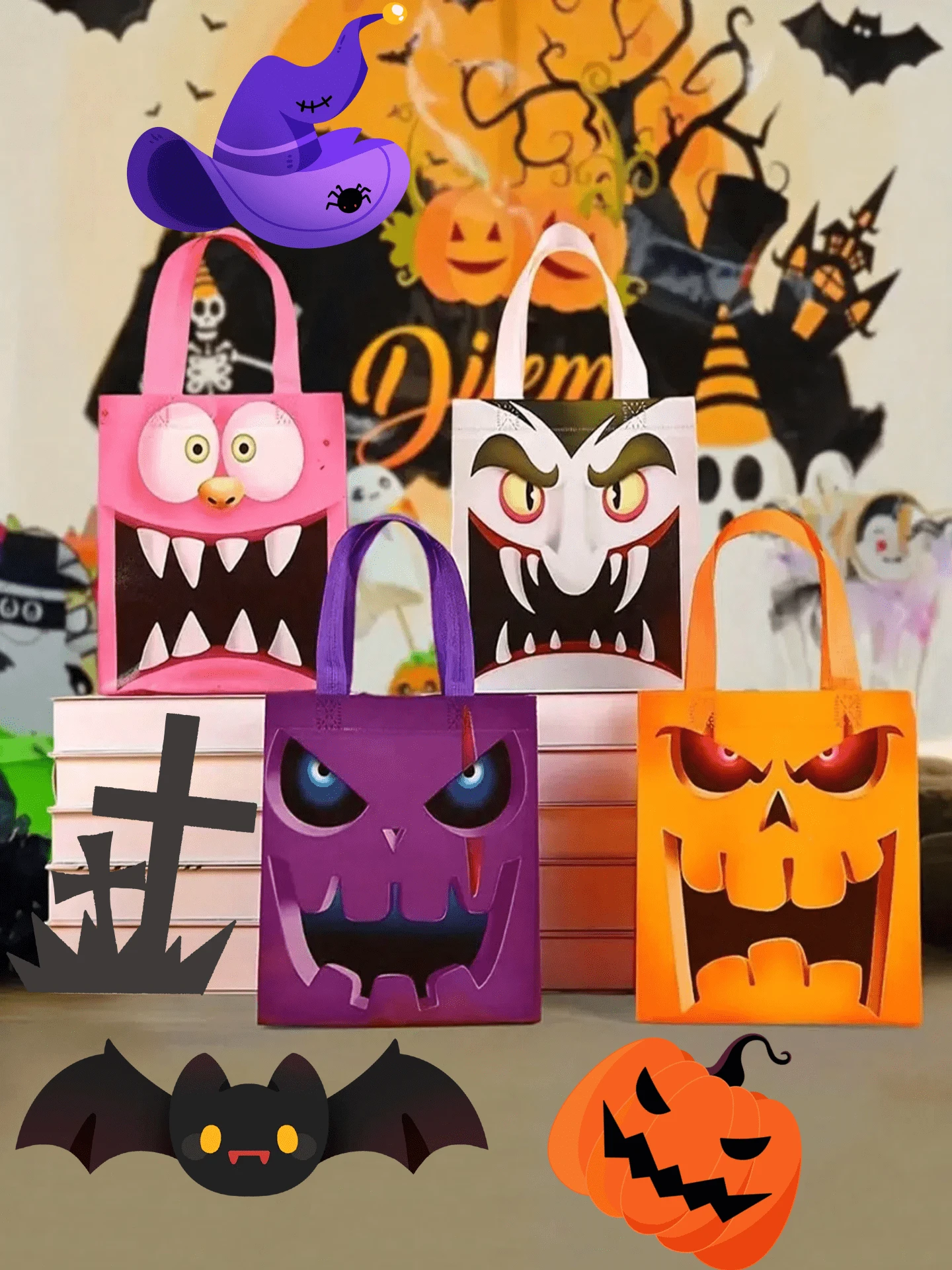 4件-22件万圣节无纺布礼品袋手提袋猫精灵鬼魂女孩木乃伊吸血鬼僵尸南瓜礼物防水包装袋 - 彩色 - 查看 1