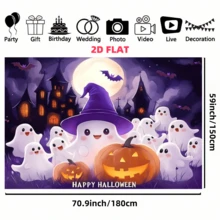1 miếng, Vải nền bí ngô ma Halloween dễ thương làm từ vải polyester. Nền có hình ảnh ma đội mũ phù thủy, đèn lồng Jack-O'-Lantern, ngôi nhà ma ám, dơi và dòng chữ "Happy Halloween". Thích hợp trang trí tiệc Halloween, hoạt động chủ đề thiếu nhi, chụp ảnh trong nhà, trang trí tường nhà và tổ chức sự kiện lớp học. - Nhiều màu - Xem 7