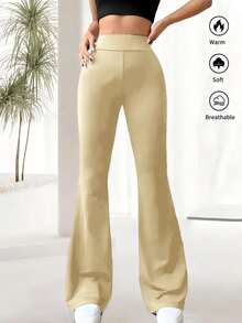 1 pieza de Pantalones casuales tipo leggings de cintura alta, pantalones deportivos de verano de pierna ancha para yoga, running y entrenamiento, con pernera acampanada, cintura elástica y elásticos, pantalones de trabajo elásticos - Caqui - Ver 3