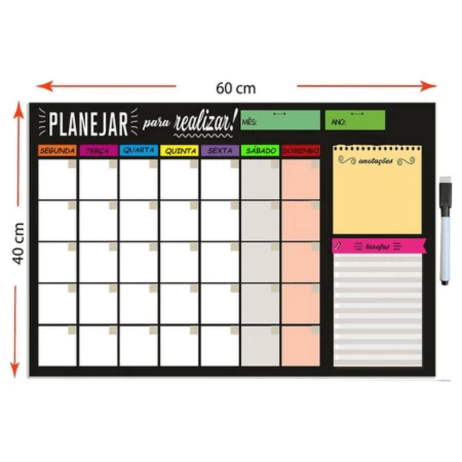 Quadro Planejador De Notas Magnéticas 40x60cm Planejamento Semanal Colorido + 2 Ímãs E 1 Caneta Com Borracha