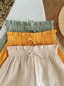 3 件套青少年女童夏季松紧腰纯色短裤，100% 纯棉双层纱布面料，舒适透气，腰部蝴蝶结装饰 - 黃色 - 查看 4