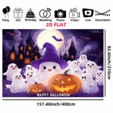 1 miếng, Vải nền bí ngô ma Halloween dễ thương làm từ vải polyester. Nền có hình ảnh ma đội mũ phù thủy, đèn lồng Jack-O'-Lantern, ngôi nhà ma ám, dơi và dòng chữ "Happy Halloween". Thích hợp trang trí tiệc Halloween, hoạt động chủ đề thiếu nhi, chụp ảnh trong nhà, trang trí tường nhà và tổ chức sự kiện lớp học. - Nhiều màu - Xem 13