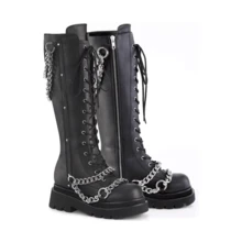 Women Fashion Goth Knee High Boots Round Toe Chunky High Heel With Buckle Chain Punk Boots Dress Party Festival Shopping Work Long Boot - 黑色 - 查看 6