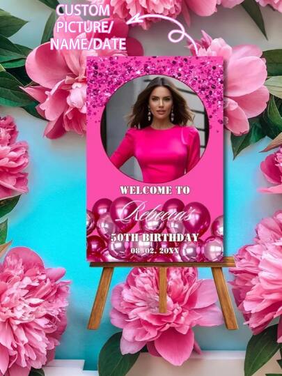 1 pieza Cartel de bienvenida personalizado con brillo rosa 2025, Cartel de cumpleaños personalizado brillante rosa feliz - Letrero de cumpleaños personalizado con nombre - Decoración de fiesta editable imprimible, Cartel de bienvenida a todo color imprimible, Cartel de bienvenida desenchufado, Decoraciones de cumpleaños, Decoraciones navideñas, Regalos de cumpleaños personalizados para amigos, Letreros de bienvenida para entradas, salones de banquetes, Accesorios para fotomatón
