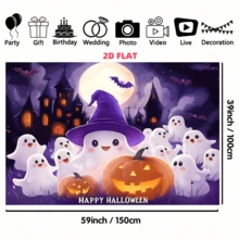 1 miếng, Vải nền bí ngô ma Halloween dễ thương làm từ vải polyester. Nền có hình ảnh ma đội mũ phù thủy, đèn lồng Jack-O'-Lantern, ngôi nhà ma ám, dơi và dòng chữ "Happy Halloween". Thích hợp trang trí tiệc Halloween, hoạt động chủ đề thiếu nhi, chụp ảnh trong nhà, trang trí tường nhà và tổ chức sự kiện lớp học. - Nhiều màu - Xem 15