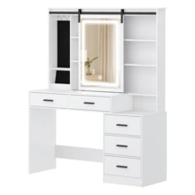 Hzuaneri Schminktisch, Abnehmbarer Großer Spiegel, mit Schmuckaufbewahrung, Offene Regale, 5 Schubladen, mit Beistelltisch, für Schlafzimmer, Weiß