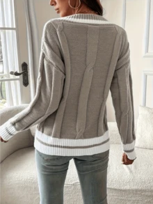 Damen V-Ausschnitt Slim Fit Strickpullover, eleganter Lässig Strickpullover, modischer Strickpullover, Retro-Stil, Schulanfang, Straßenmode - Grau - Übersicht 2
