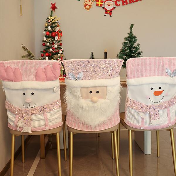 1 pieza Funda de silla navideña rosa, decoración navideña para silla, funda para respaldo de silla con Papá Noel y muñeco de nieve, adecuada para reuniones festivas en cocinas y comedores.